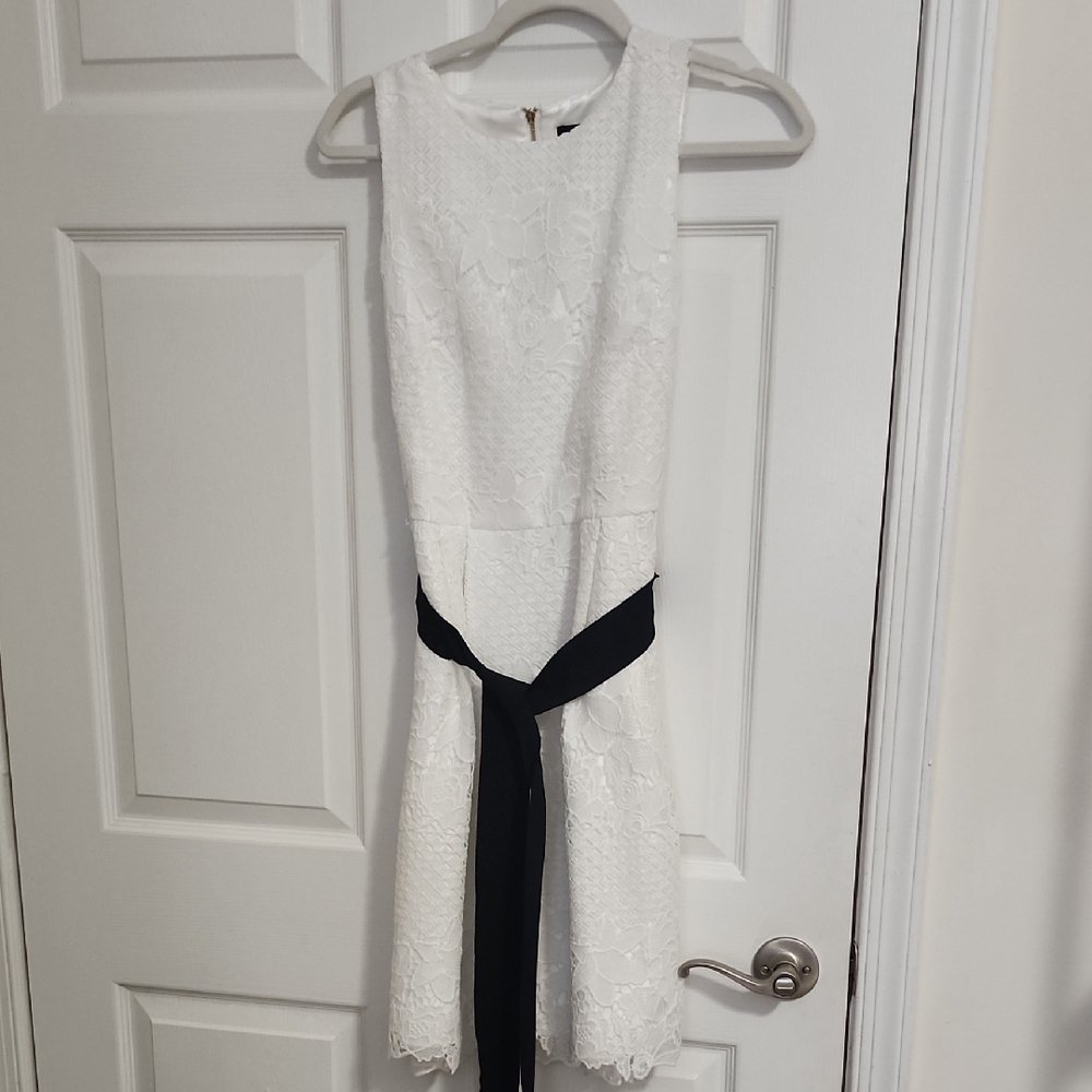 White House Black Market White Lace Midi Dress with Black Tie
